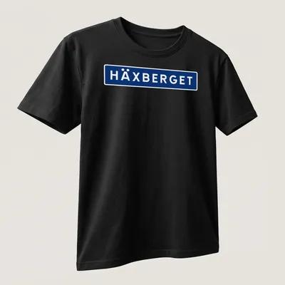 Simple modern HÄXBERGET shirt with bold blue and white lettering — printed on a unisex t-shirt (angled view)