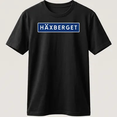 Simple modern HÄXBERGET shirt with bold blue and white lettering