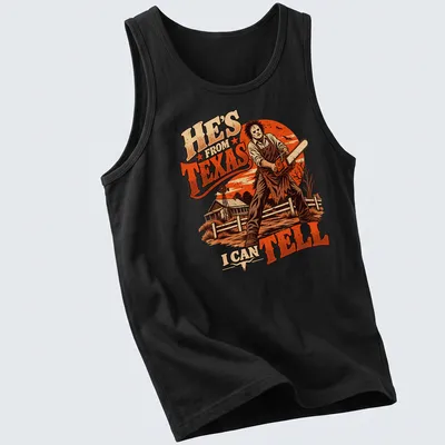 Leatherface with chainsaw t-shirt featuring vintage horror style and bold text — printed on a tank top