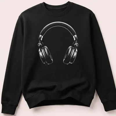 Minimalist design featuring white headphones on a contrasting background — printed on a unisex sweatshirt