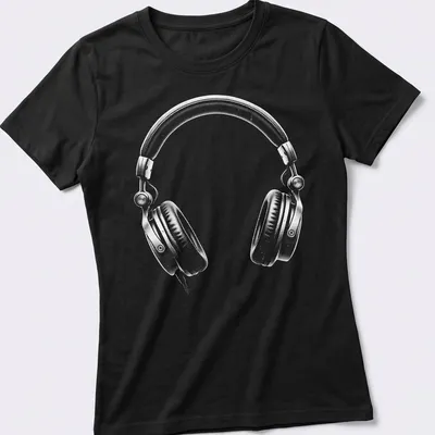 Minimalist design featuring white headphones on a contrasting background — printed on a women's shirt