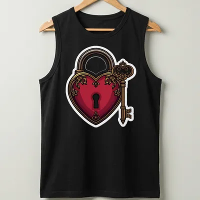 Detailed illustration of a heart-shaped lock and key in red, gold, and black — printed on a tank top