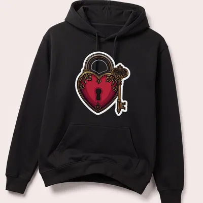 Detailed illustration of a heart-shaped lock and key in red, gold, and black — printed on a unisex hoodie