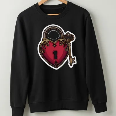 Detailed illustration of a heart-shaped lock and key in red, gold, and black — printed on a unisex sweatshirt