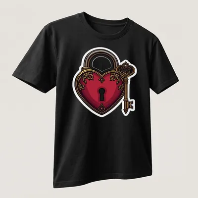 Detailed illustration of a heart-shaped lock and key in red, gold, and black — printed on a unisex t-shirt (angled view)