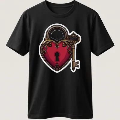 Detailed illustration of a heart-shaped lock and key in red, gold, and black — printed on a unisex t-shirt