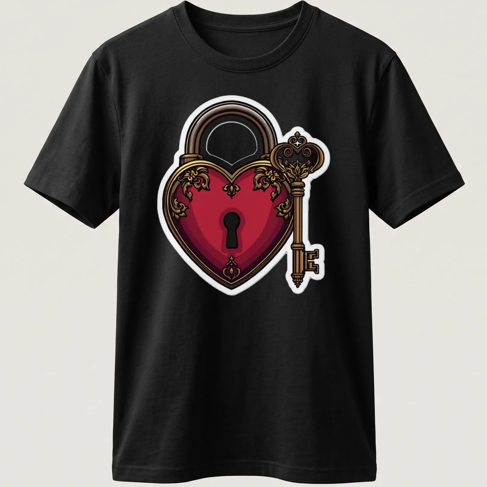 Detailed illustration of a heart-shaped lock and key in red, gold, and black — printed on a unisex t-shirt