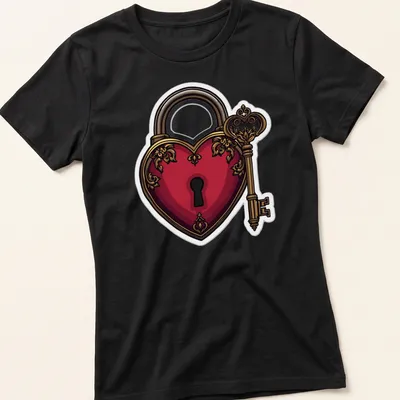 Detailed illustration of a heart-shaped lock and key in red, gold, and black — printed on a women's shirt