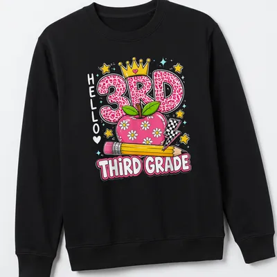Colorful cartoon t-shirt featuring leopard-print numbers and an apple for kids — printed on a unisex sweatshirt
