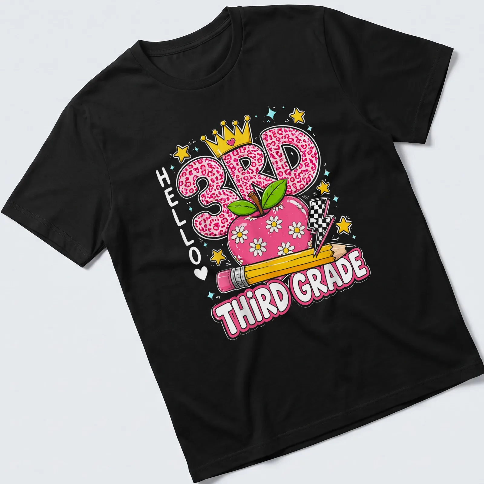 Colorful cartoon t-shirt featuring leopard-print numbers and an apple for kids — printed on a unisex t-shirt