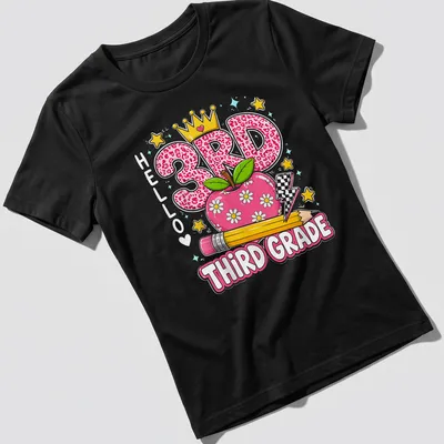 Colorful cartoon t-shirt featuring leopard-print numbers and an apple for kids — printed on a women's shirt