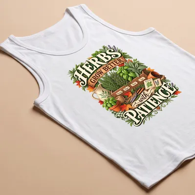 Vintage botanical t-shirt featuring herbs and the phrase about patience in gardening — printed on a tank top
