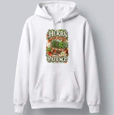 Vintage botanical t-shirt featuring herbs and the phrase about patience in gardening — printed on a unisex hoodie