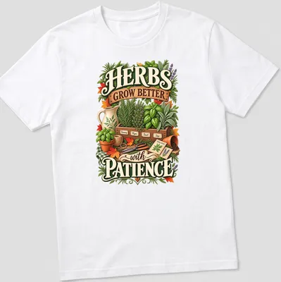 Vintage botanical t-shirt featuring herbs and the phrase about patience in gardening