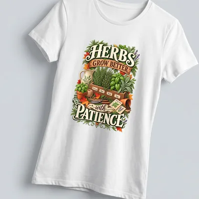 Vintage botanical t-shirt featuring herbs and the phrase about patience in gardening — printed on a women's shirt