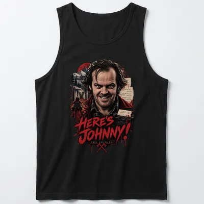 Vintage horror t-shirt featuring Jack Torrance from The Shining with bold printed text — printed on a tank top