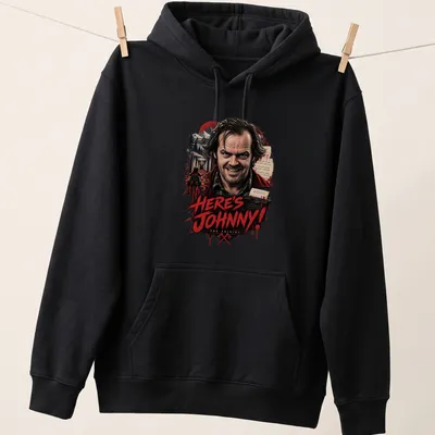 Vintage horror t-shirt featuring Jack Torrance from The Shining with bold printed text — printed on a unisex hoodie