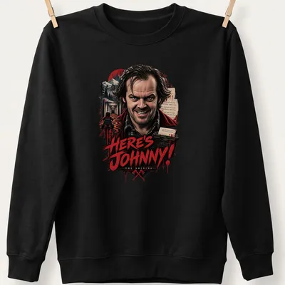 Vintage horror t-shirt featuring Jack Torrance from The Shining with bold printed text — printed on a unisex sweatshirt