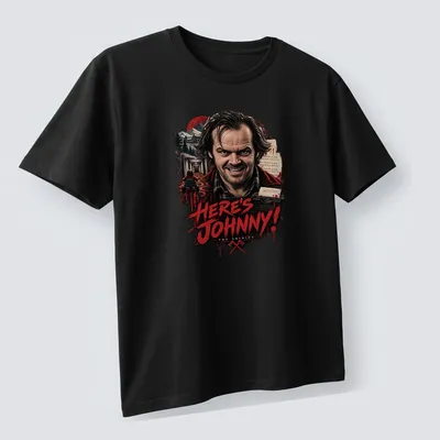 Vintage horror t-shirt featuring Jack Torrance from The Shining with bold printed text — printed on a unisex t-shirt (angled view)
