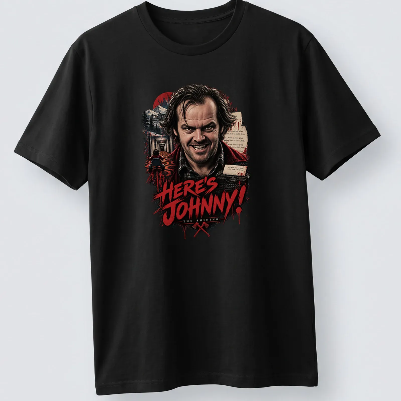 Vintage horror t-shirt featuring Jack Torrance from The Shining with bold printed text — printed on a unisex t-shirt