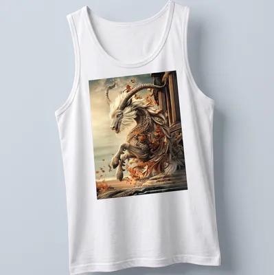Mythical goat leaping through autumn leaves in gold, cream, orange, and blue — printed on a tank top