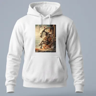 Mythical goat leaping through autumn leaves in gold, cream, orange, and blue — printed on a unisex hoodie