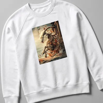 Mythical goat leaping through autumn leaves in gold, cream, orange, and blue — printed on a unisex sweatshirt