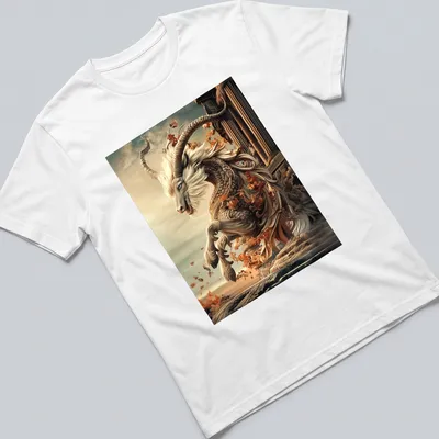 Mythical goat leaping through autumn leaves in gold, cream, orange, and blue