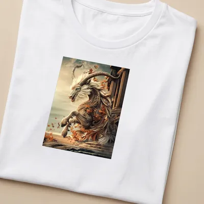 Mythical goat leaping through autumn leaves in gold, cream, orange, and blue — printed on a women's shirt