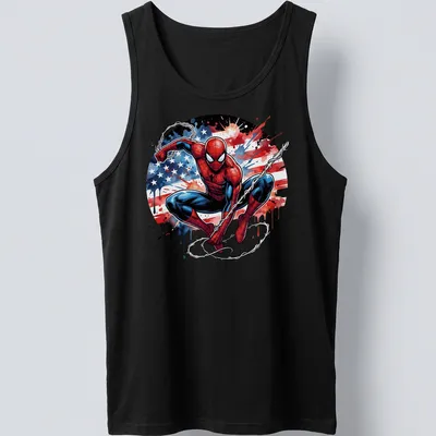 Watercolor Spider-Man in heroic pose with American flag colors — printed on a tank top
