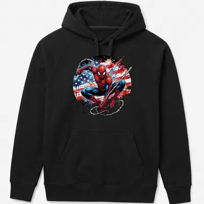 Watercolor Spider-Man in heroic pose with American flag colors — printed on a unisex hoodie
