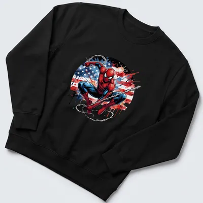 Watercolor Spider-Man in heroic pose with American flag colors — printed on a unisex sweatshirt
