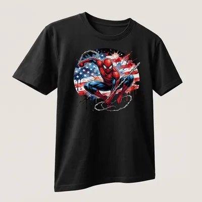 Watercolor Spider-Man in heroic pose with American flag colors — printed on a unisex t-shirt (angled view)