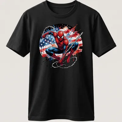 Watercolor Spider-Man in heroic pose with American flag colors