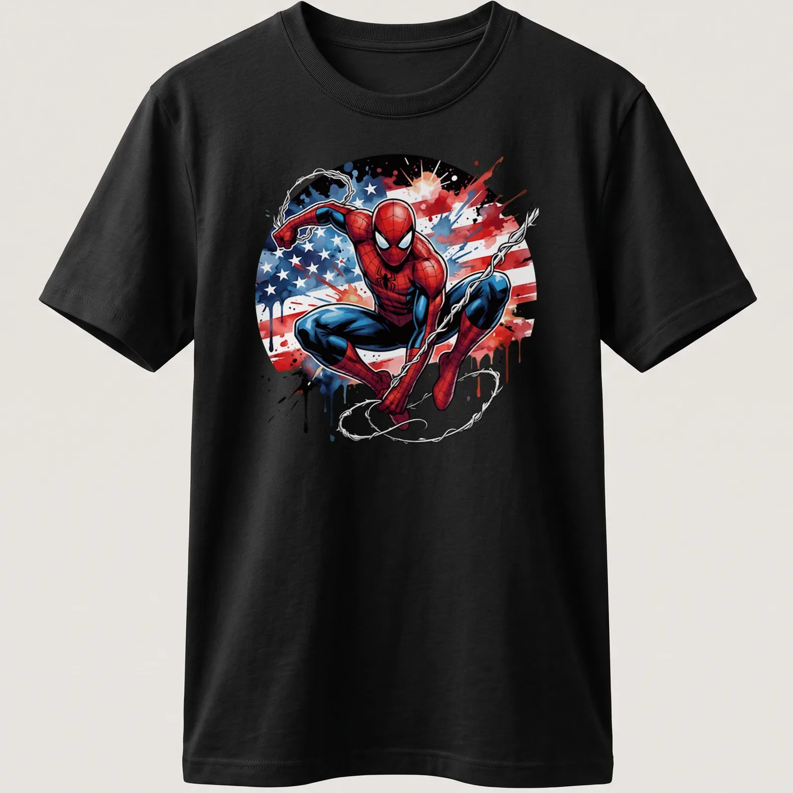 Watercolor Spider-Man in heroic pose with American flag colors — printed on a unisex t-shirt