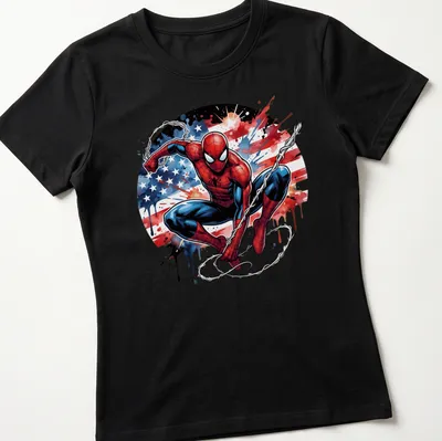 Watercolor Spider-Man in heroic pose with American flag colors — printed on a women's shirt