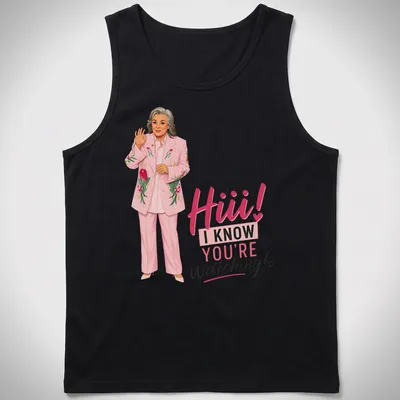 Cartoon illustration of a woman in a pink suit with meme text. — printed on a tank top