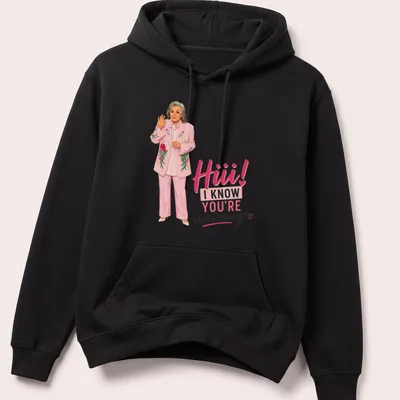 Cartoon illustration of a woman in a pink suit with meme text. — printed on a unisex hoodie