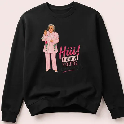 Cartoon illustration of a woman in a pink suit with meme text. — printed on a unisex sweatshirt