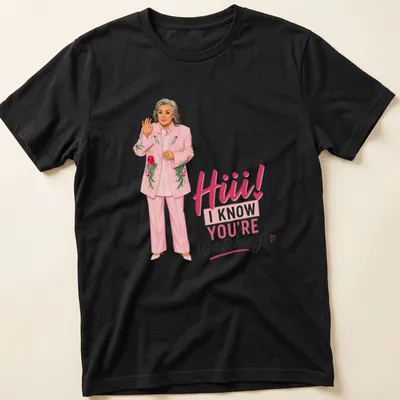 Cartoon illustration of a woman in a pink suit with meme text.