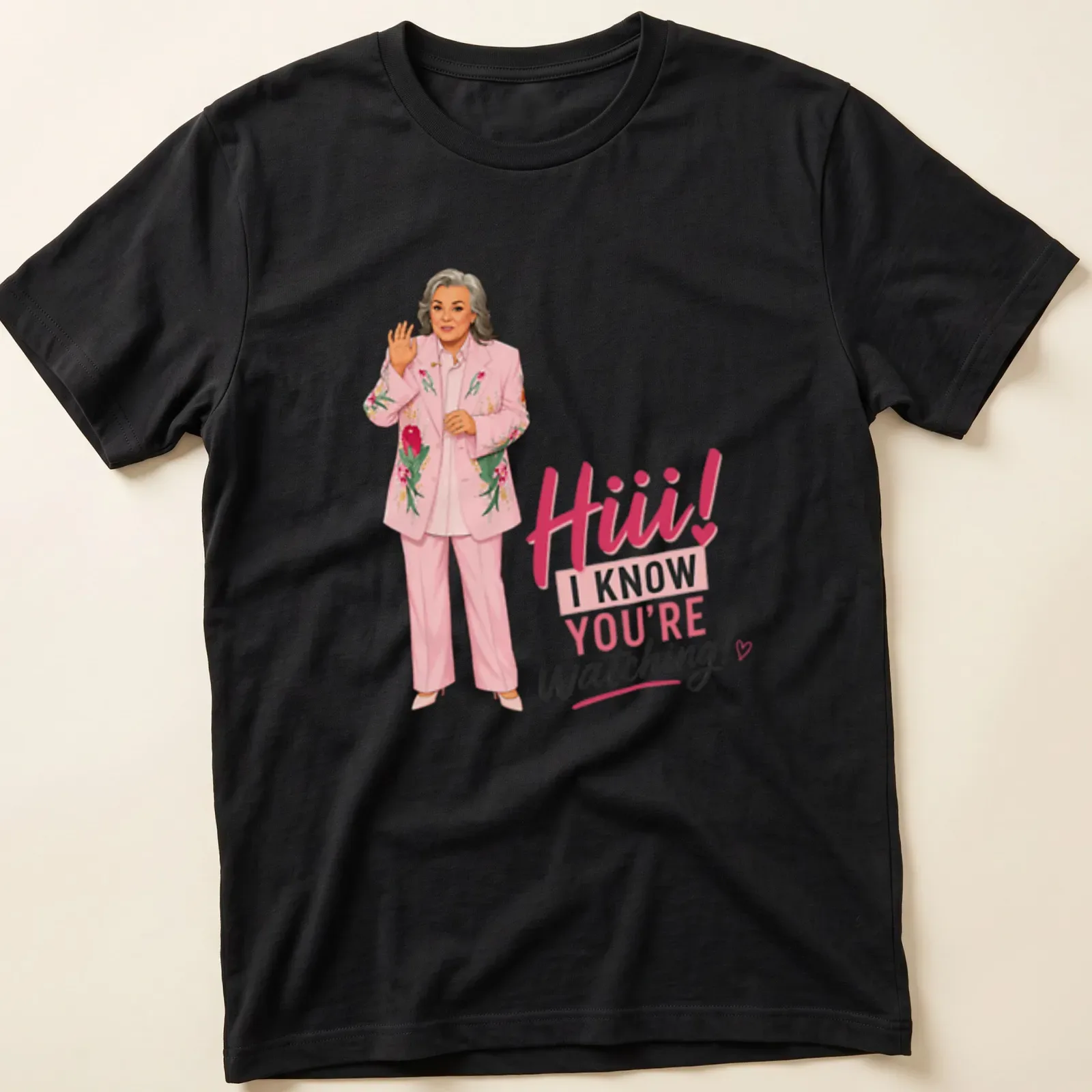 Cartoon illustration of a woman in a pink suit with meme text. — printed on a unisex t-shirt