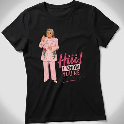 Cartoon illustration of a woman in a pink suit with meme text. — printed on a women's shirt