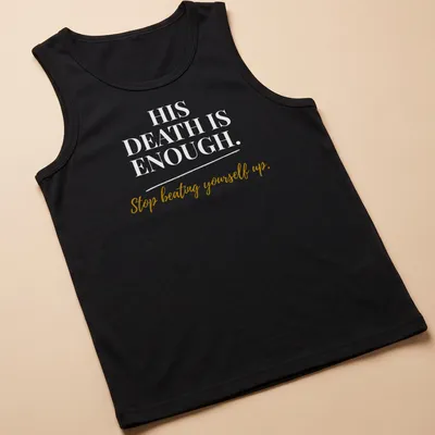 Inspirational typography shirt with gold and white text encouraging self-compassion and faith. — printed on a tank top
