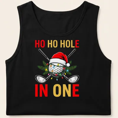 Colorful cartoon golf ball wearing a Santa hat with text 'HO HO HOLE IN ONE' — printed on a tank top