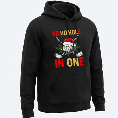 Colorful cartoon golf ball wearing a Santa hat with text 'HO HO HOLE IN ONE' — printed on a unisex hoodie