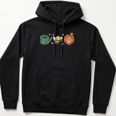 Kawaii cartoon design of a lion, bee, and hose with text Hoes Be Lying — printed on a unisex hoodie