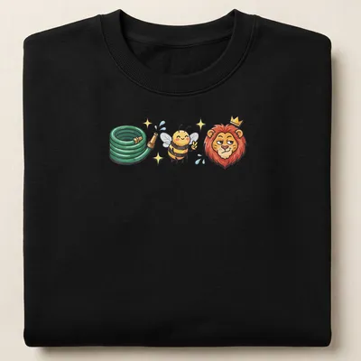 Kawaii cartoon design of a lion, bee, and hose with text Hoes Be Lying — printed on a unisex sweatshirt