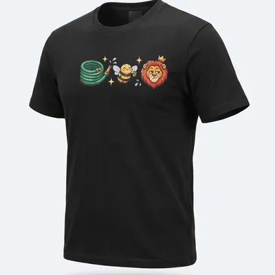 Kawaii cartoon design of a lion, bee, and hose with text Hoes Be Lying