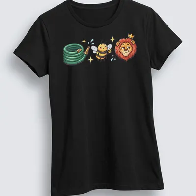 Kawaii cartoon design of a lion, bee, and hose with text Hoes Be Lying — printed on a women's shirt
