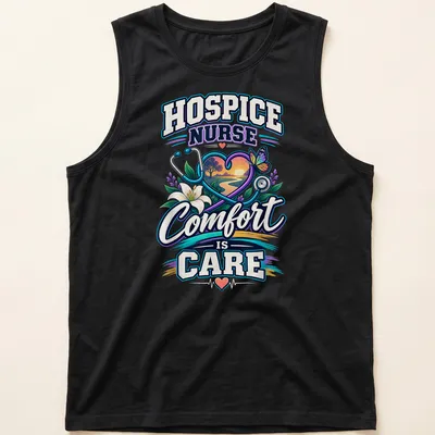 Illustrated t-shirt with colorful text promoting hospice nursing and care. — printed on a tank top